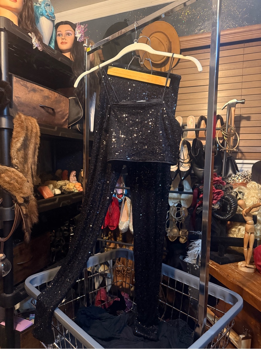 H&M black sequin crop top, and leggings set